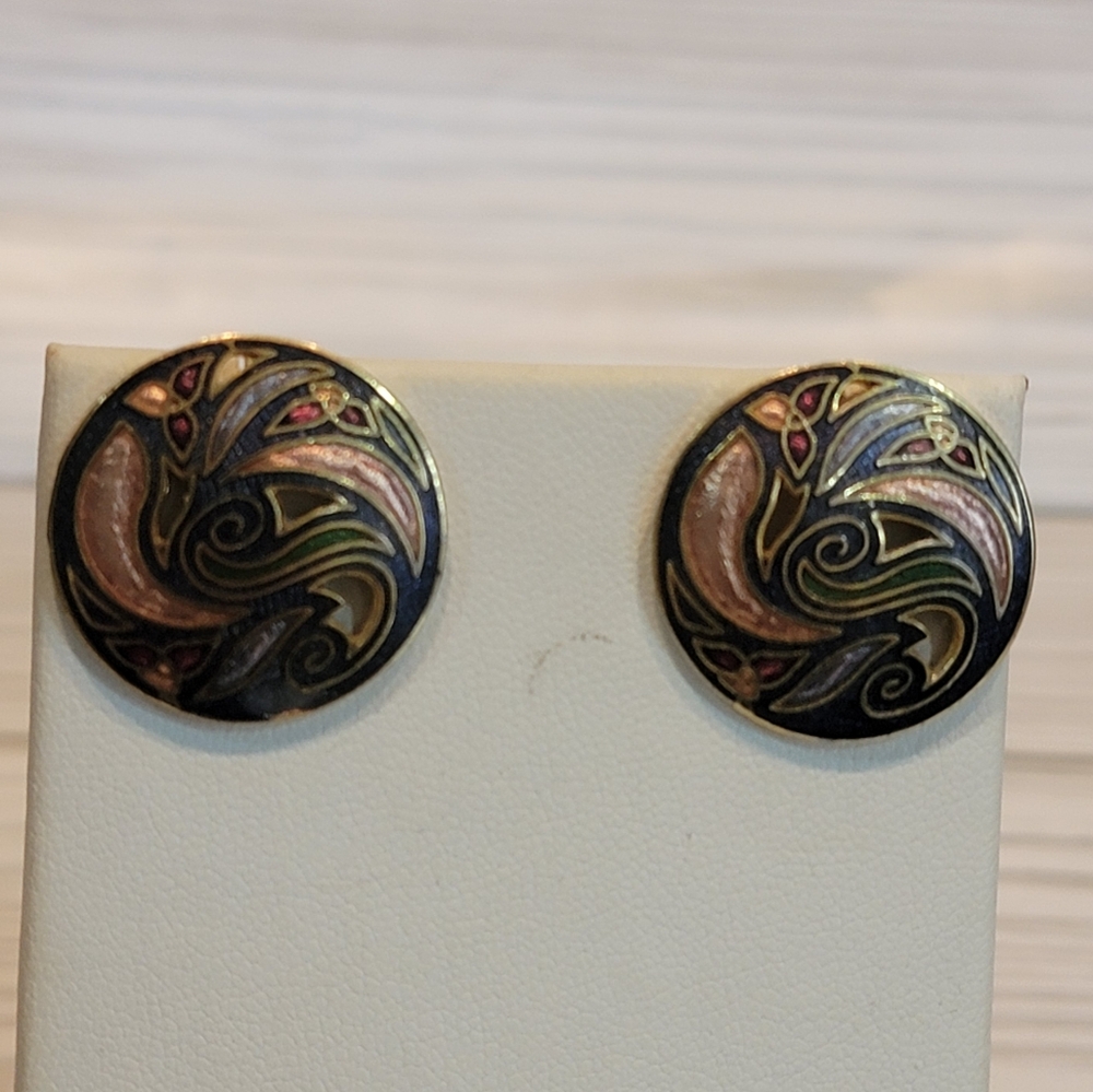 Vintage Cloisonné Enamel Swirl Round Pierced Earrings Gold Tone